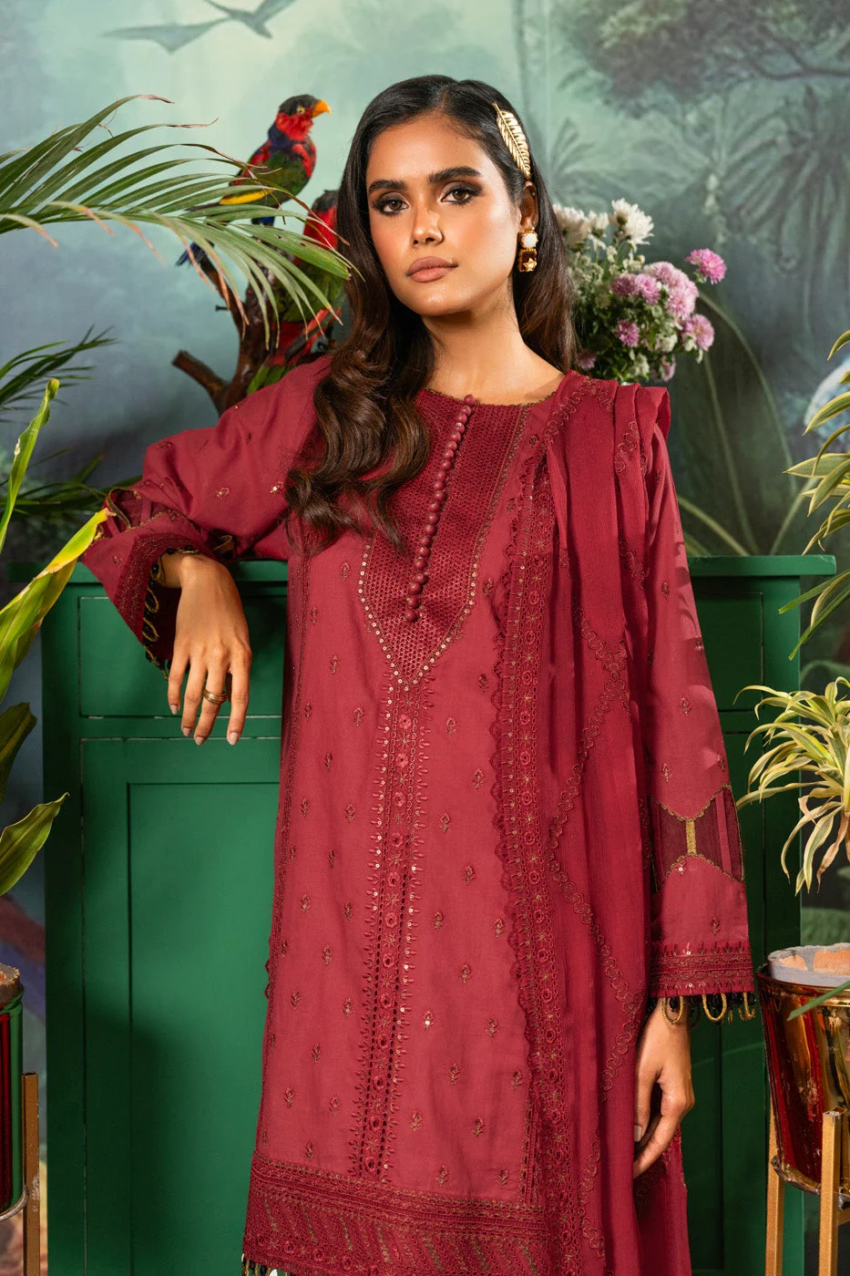 Alkaram Studio Chiffon Embroidered Suit - Maroon