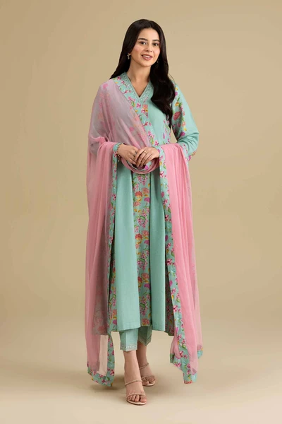 Nishat Linen Chiffon Embroidered Suit - Ferozi