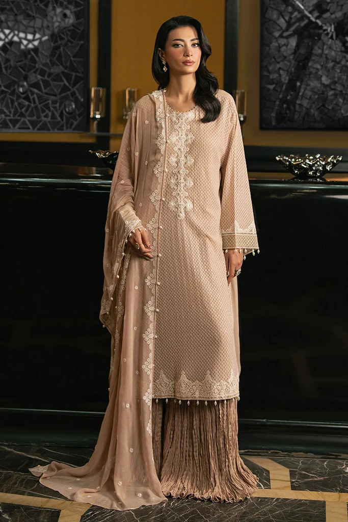 Outfitters Chiffon Embroidered Suit - Beige
