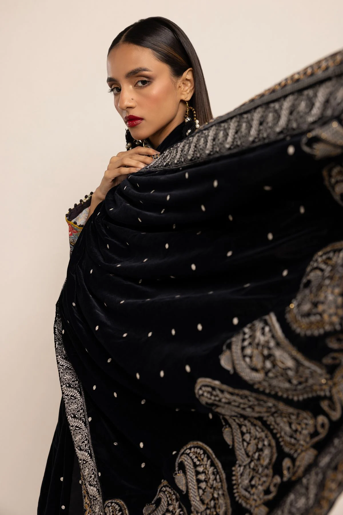 Khaadi Velvet Embroidered Shawl - Beige