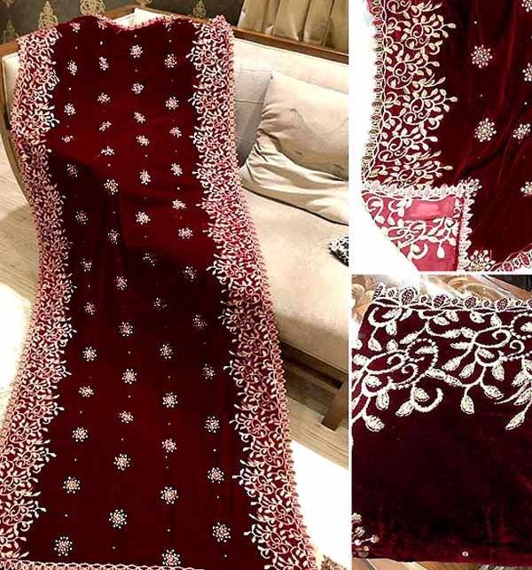 Outfitters Velvet Embroidered Shawl - Maroon