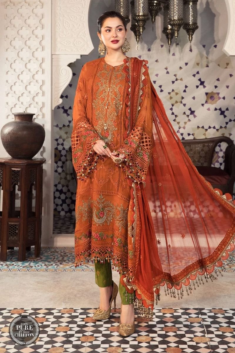 Maria B Chiffon Embroidered Suit - Rust